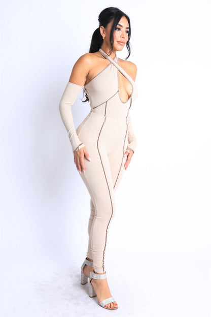 Overlock Detailed Cross-Halter Keyhole Neck Off-Shoulder Set