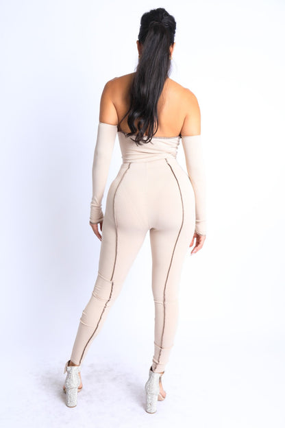 Overlock Detailed Cross-Halter Keyhole Neck Off-Shoulder Set