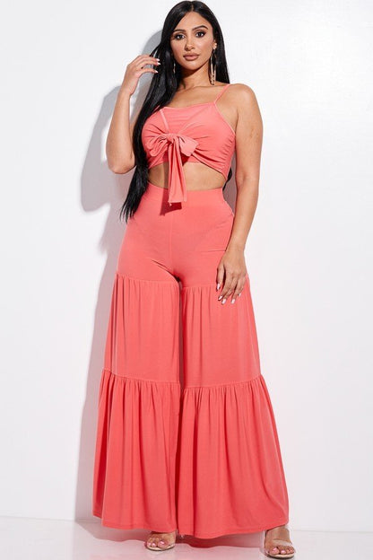 Solid Tie Front Spaghetti Straps Tank Top & Tiered Wide Leg Pants Two-Piece Set