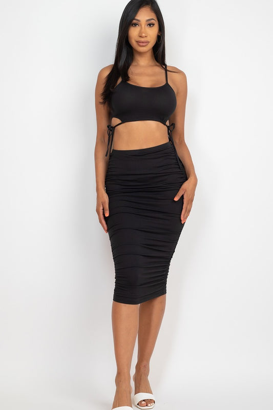 Cut-Out Tie Side Crop-Top & Ruched Midi Skirt Set - Black