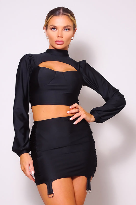 Fluffy Long Sleeves Front Cut-Out Turtleneck Blouse & Side Ruched Garter Mini Skirt Set