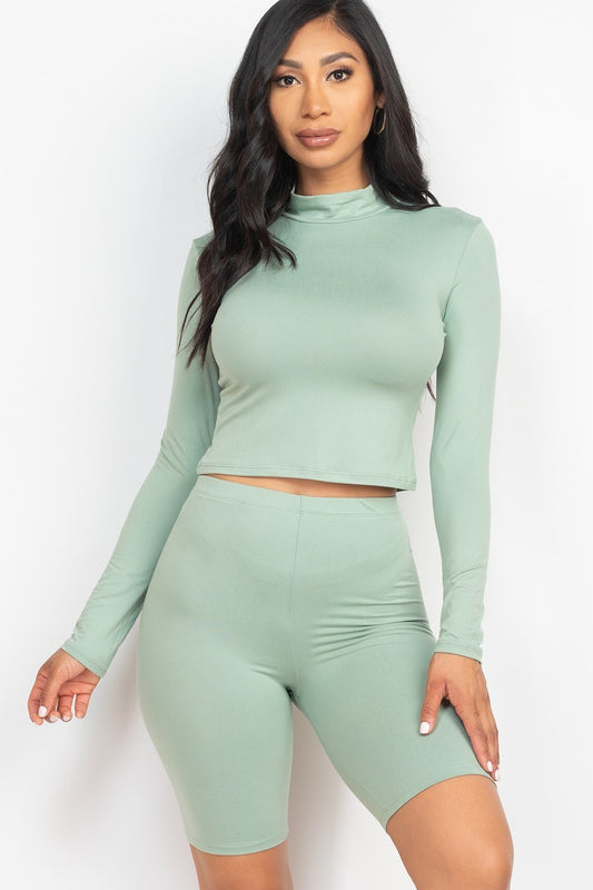 Mock Neck Top & Biker Shorts Set - Mint Green