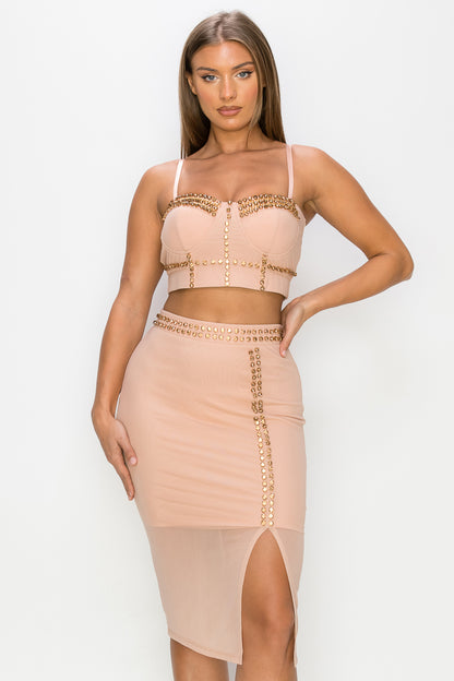 Studded Cami Top & Slit Mini Skirt Set - Orange/Tan