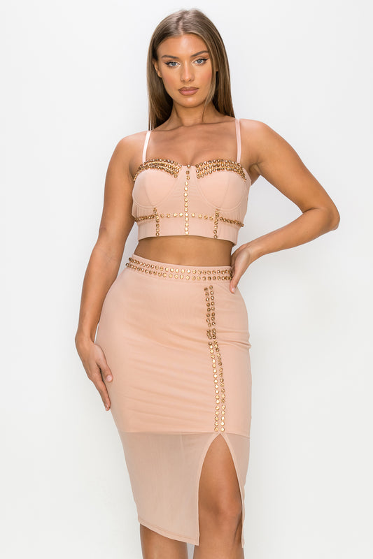 Studded Cami Top & Slit Mini Skirt Set - Orange/Tan