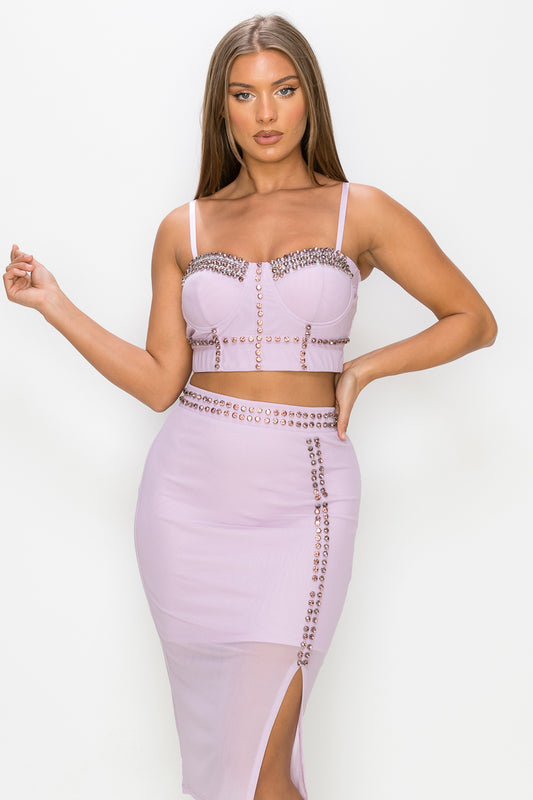 Studded Cami Top & Slit Mini Skirt Set - Purple