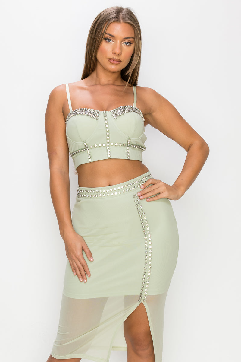 Studded Stone Cami Top & Slit Mini Skirt Set - Mint Green