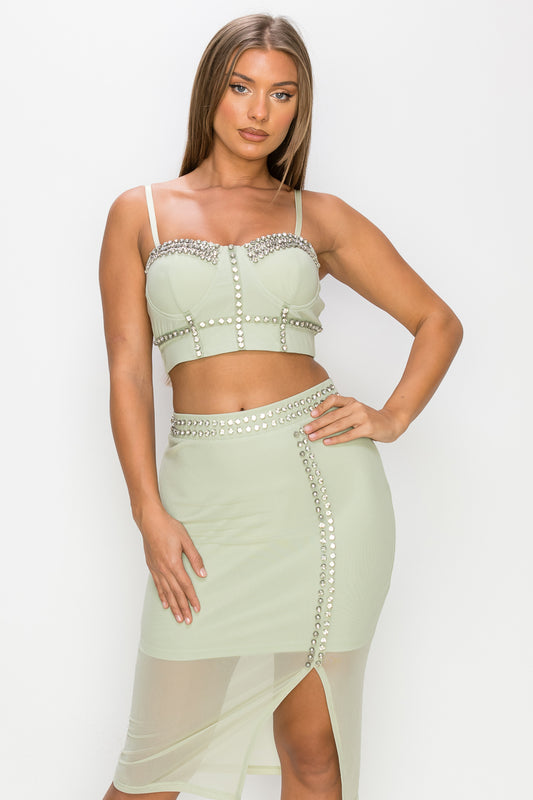 Studded Stone Cami Top & Slit Mini Skirt Set - Mint Green