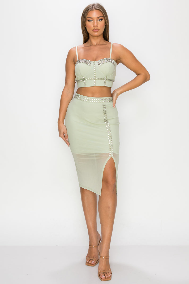 Studded Stone Cami Top & Slit Mini Skirt Set - Mint Green