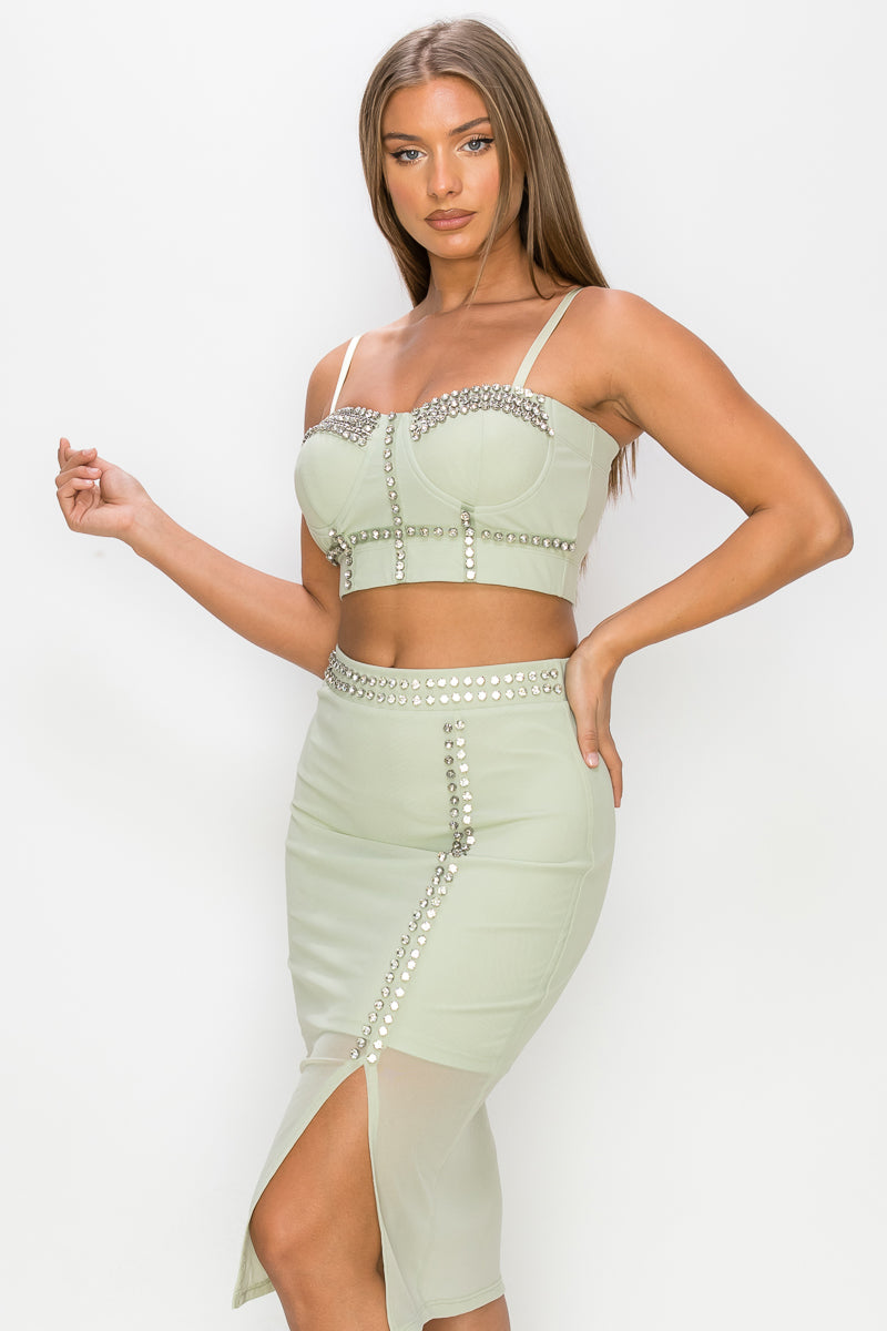 Studded Stone Cami Top & Slit Mini Skirt Set - Mint Green
