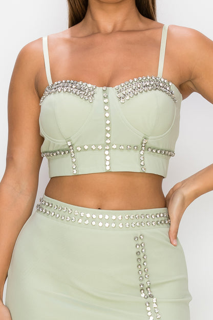Studded Stone Cami Top & Slit Mini Skirt Set - Mint Green