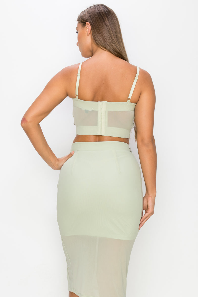 Studded Stone Cami Top & Slit Mini Skirt Set - Mint Green