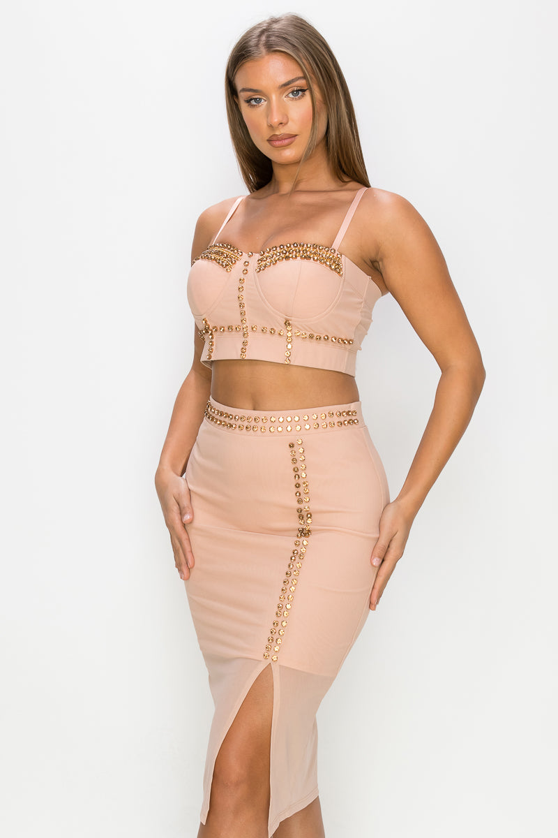 Studded Cami Top & Slit Mini Skirt Set - Orange/Tan