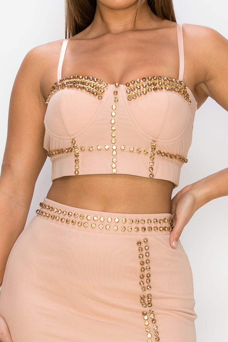 Studded Cami Top & Slit Mini Skirt Set - Orange/Tan