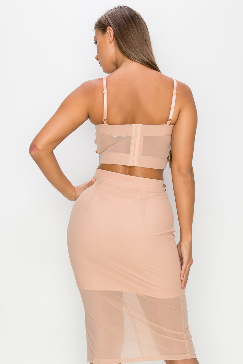 Studded Cami Top & Slit Mini Skirt Set - Orange/Tan
