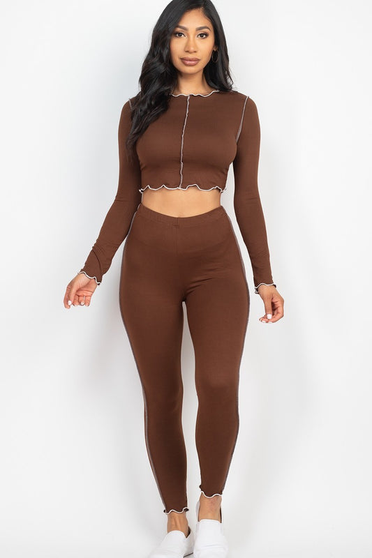 Ribbon-Edges Crop-Top & Leggings Set