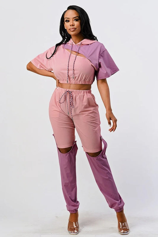 Color Block With Detachable Bottoms Hoodie & Pants Set