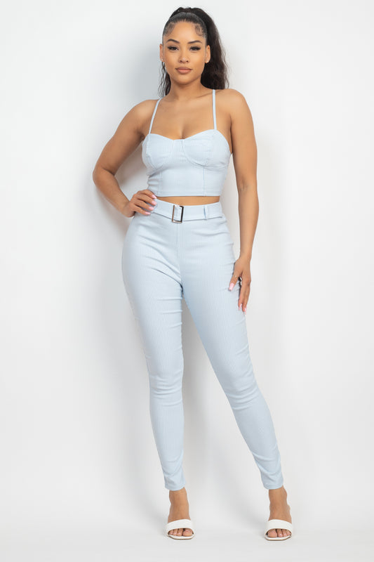Plaid Houndstooth Cami Crop-Top & Belted Pants Set