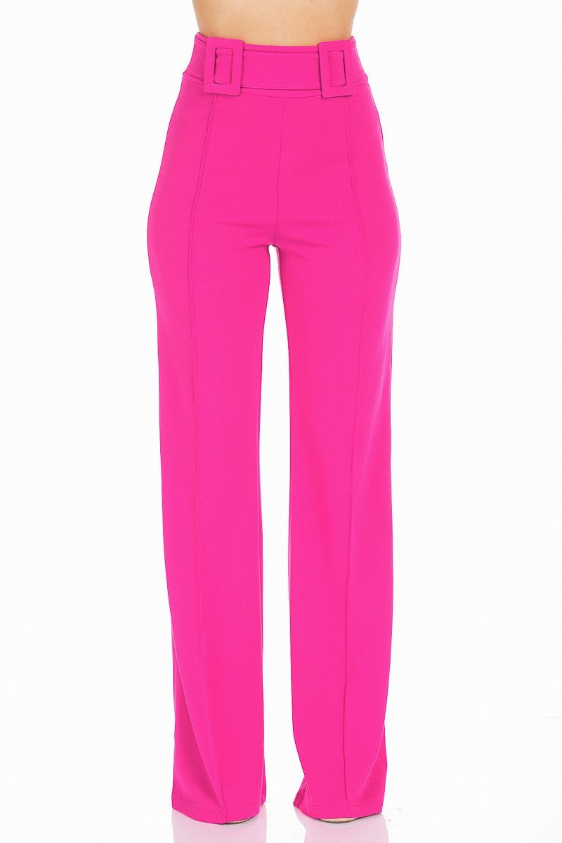 High-Waist Pants With Fabric Buckle-Detail Waist
