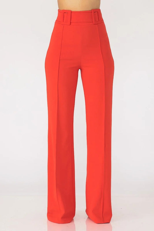High-Waist Pants With Fabric Buckle-Detail Waist