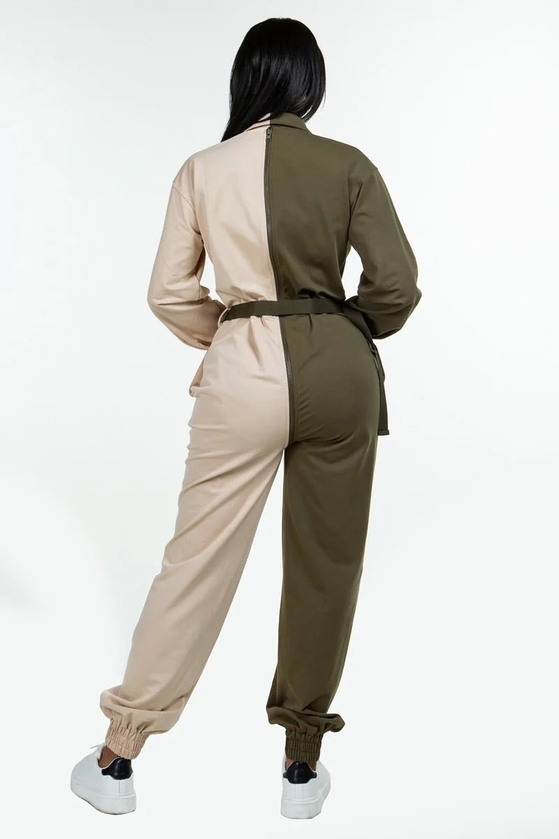 Long Sleeves Oversized Shirt Overalls Workwear Set - Emerald/White
