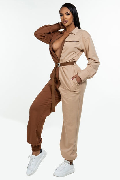 Long Sleeves Oversized Shirt Overalls Workwear Set - Brown/Tan