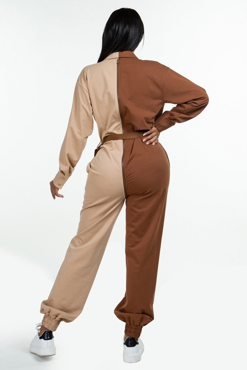 Long Sleeves Oversized Shirt Overalls Workwear Set - Brown/Tan