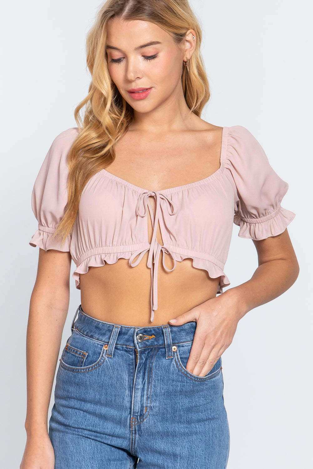 Short Sleeves Print Woven Crop-Top
