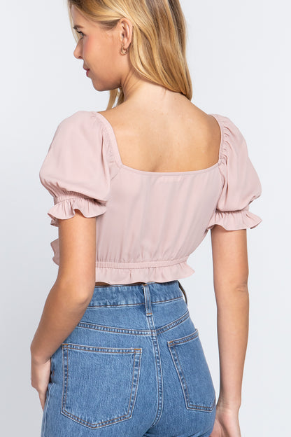 Short Sleeves Print Woven Crop-Top