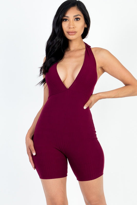 Solid Color Halter V-Neck Ribbed Bodycon Romper - Burgundy