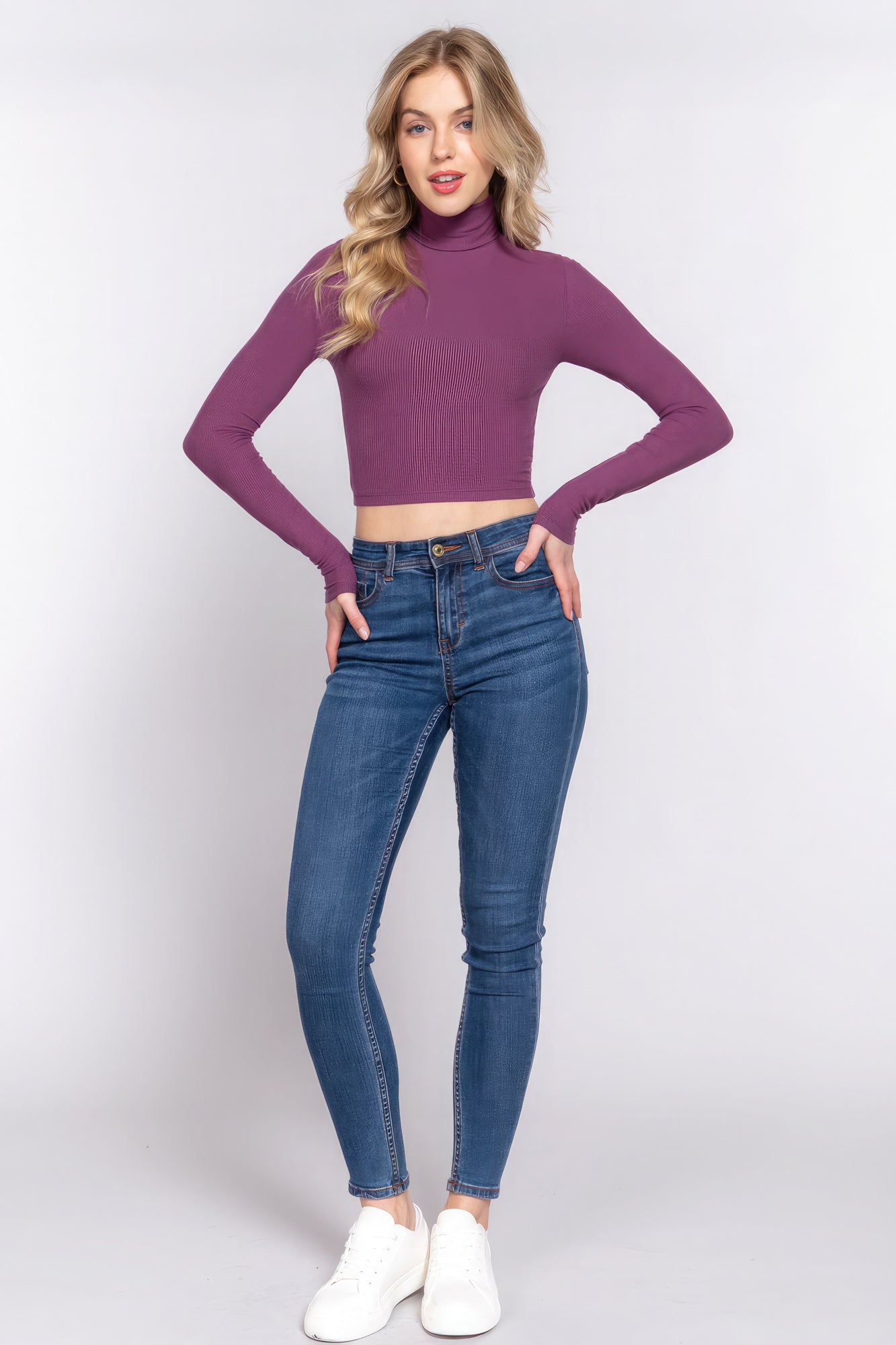 Long Sleeves Turtleneck Ribbed Knit Crop-Top - Purple