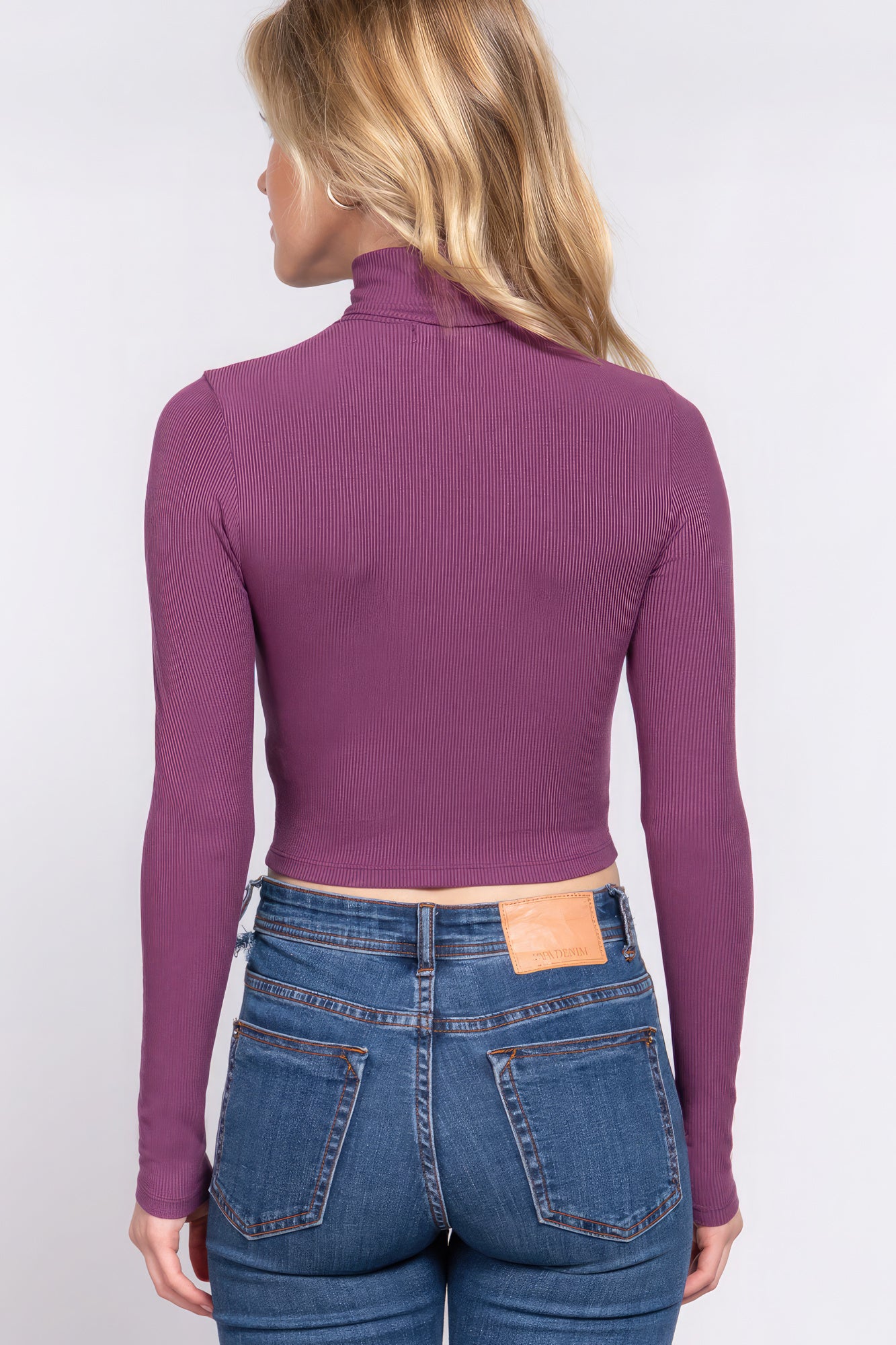 Long Sleeves Turtleneck Ribbed Knit Crop-Top - Purple