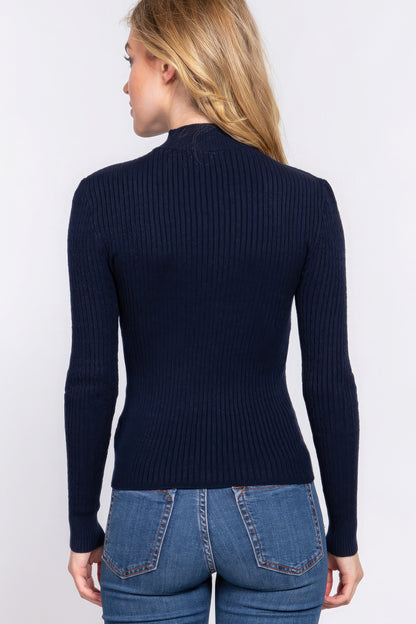 Long Sleeves Mock Neck Ribbed Sweater