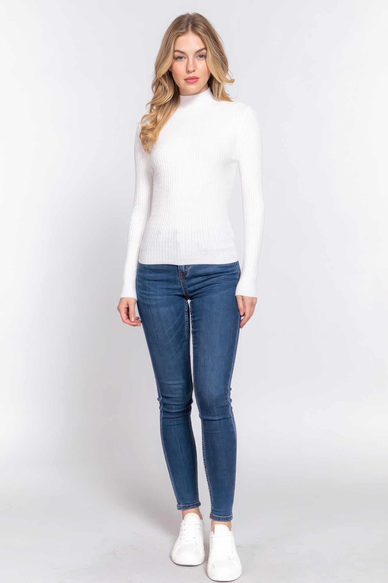 Long Sleeves Mock Neck Ribbed Sweater - White