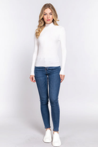 Long Sleeves Mock Neck Ribbed Sweater - White
