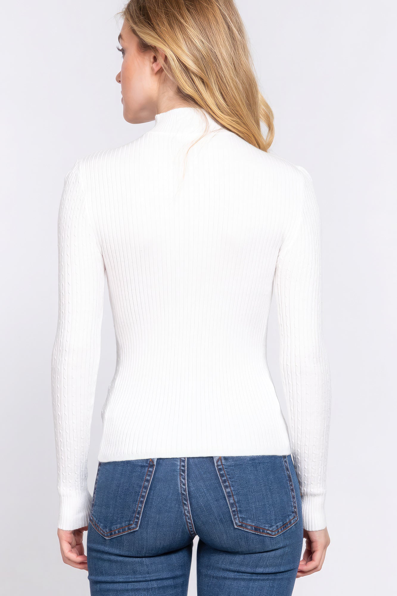 Long Sleeves Mock Neck Ribbed Sweater - White