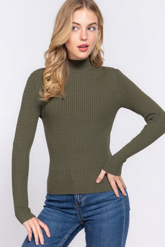 Long Sleeves Mock Neck Ribbed Sweater - Green