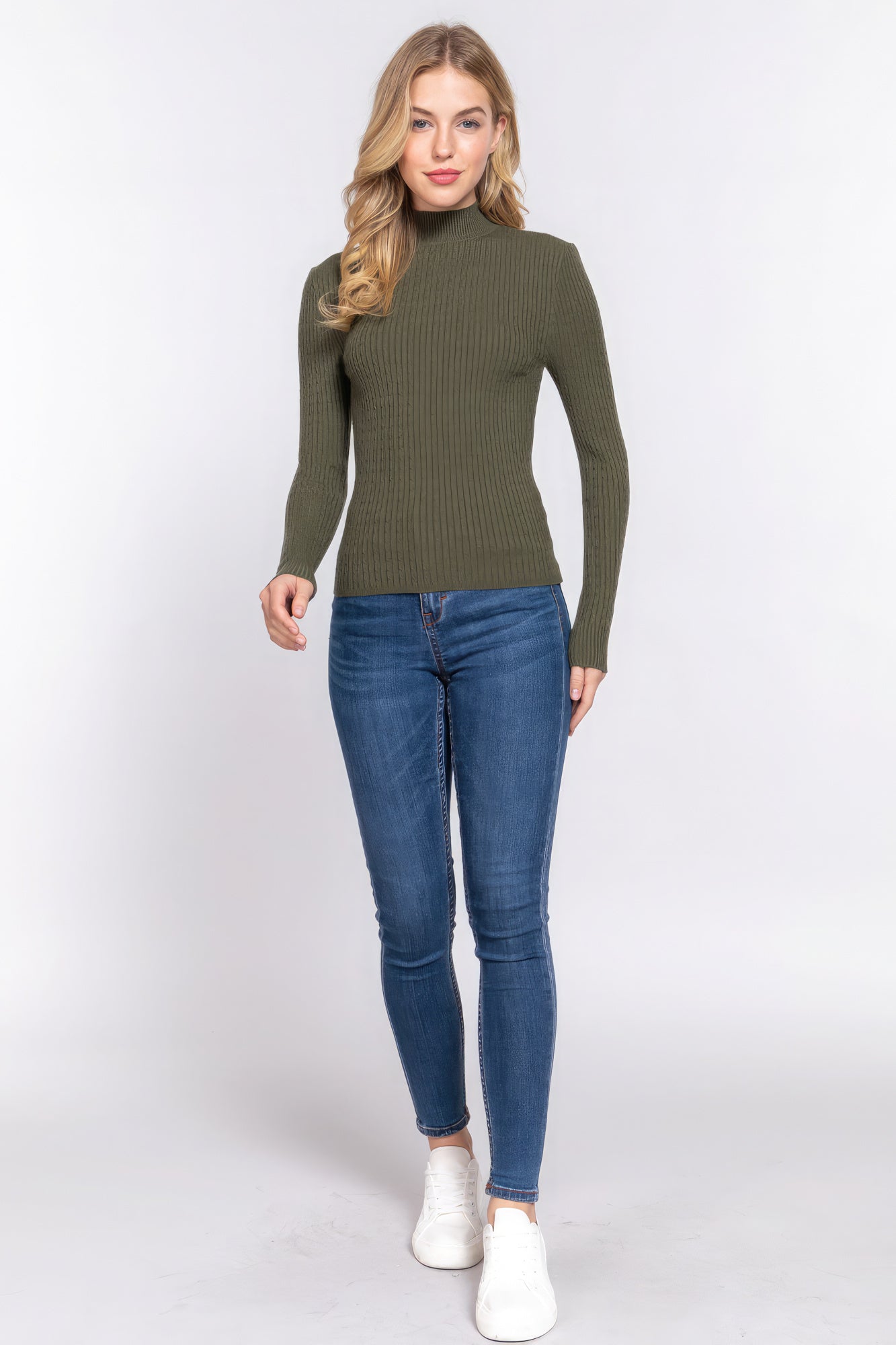 Long Sleeves Mock Neck Ribbed Sweater - Green