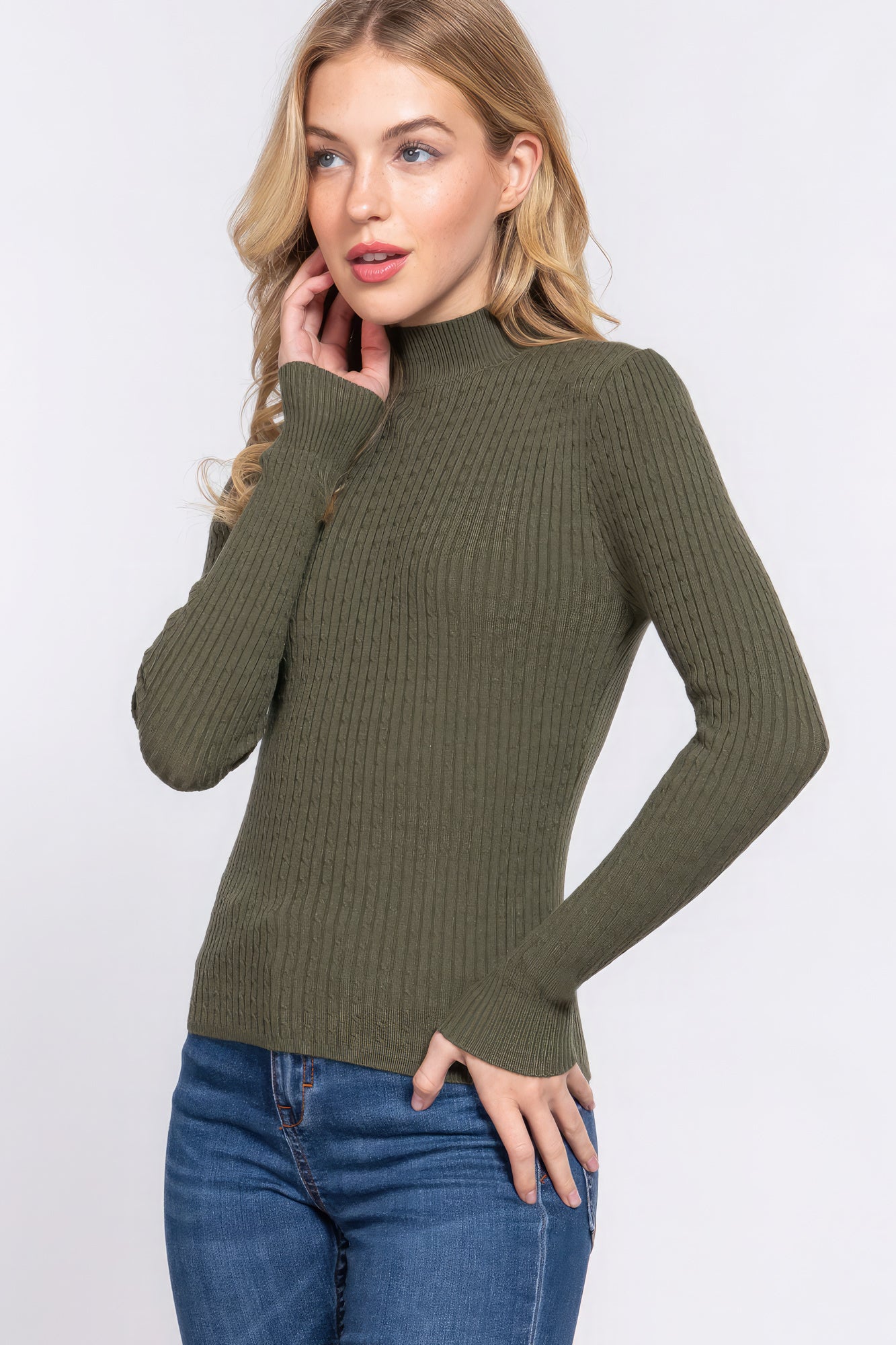 Long Sleeves Mock Neck Ribbed Sweater - Green