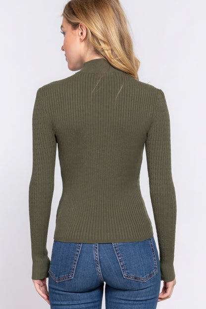 Long Sleeves Mock Neck Ribbed Sweater - Green
