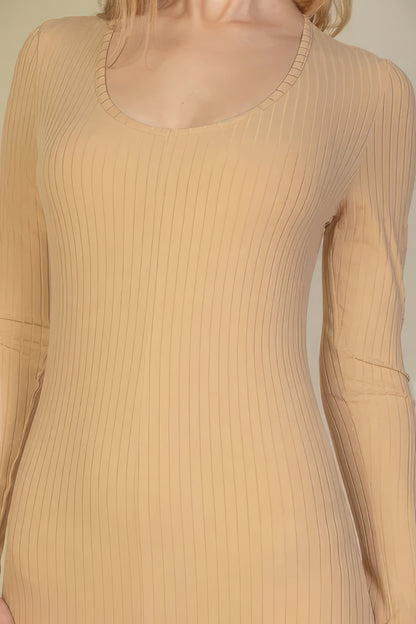 Ribbed Scoop Neck Long Sleeves Romper Leotard - Cream