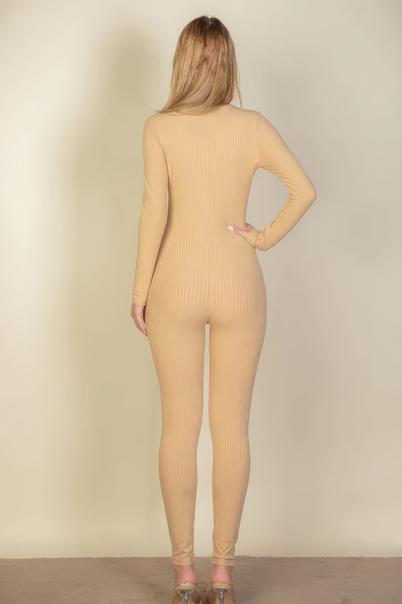 Ribbed Scoop Neck Long Sleeves Romper Leotard - Cream