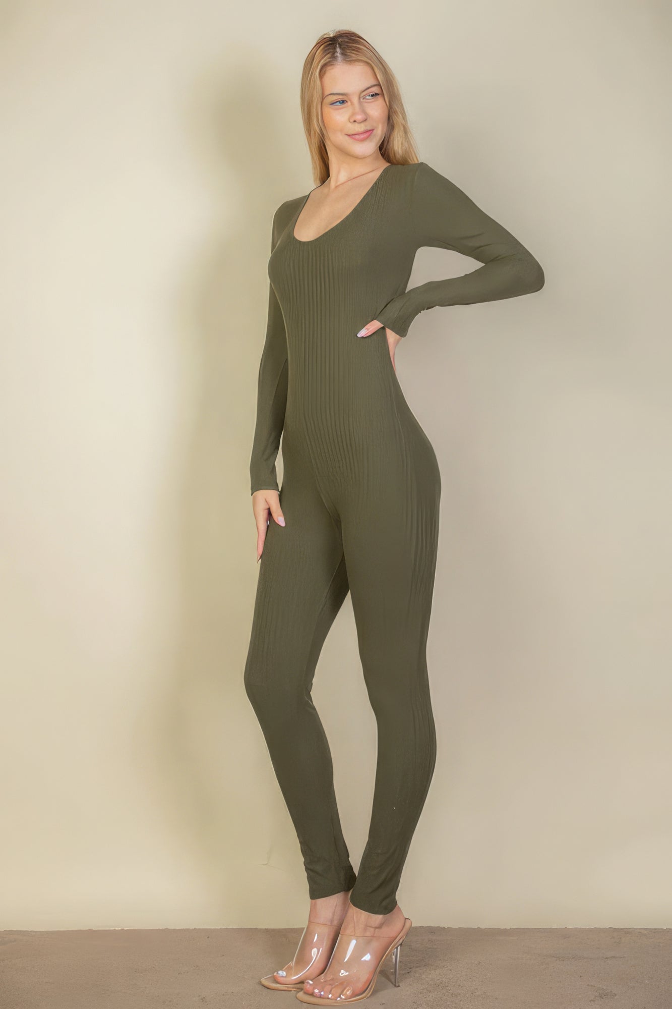 Ribbed Scoop Neck Long Sleeves Romper Leotard