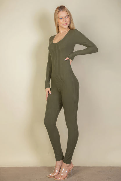 Ribbed Scoop Neck Long Sleeves Romper Leotard