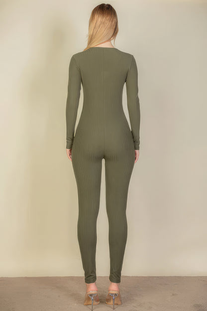 Ribbed Scoop Neck Long Sleeves Romper Leotard