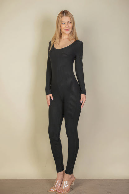 Ribbed Scoop Neck Long Sleeves Romper Leotard - Black