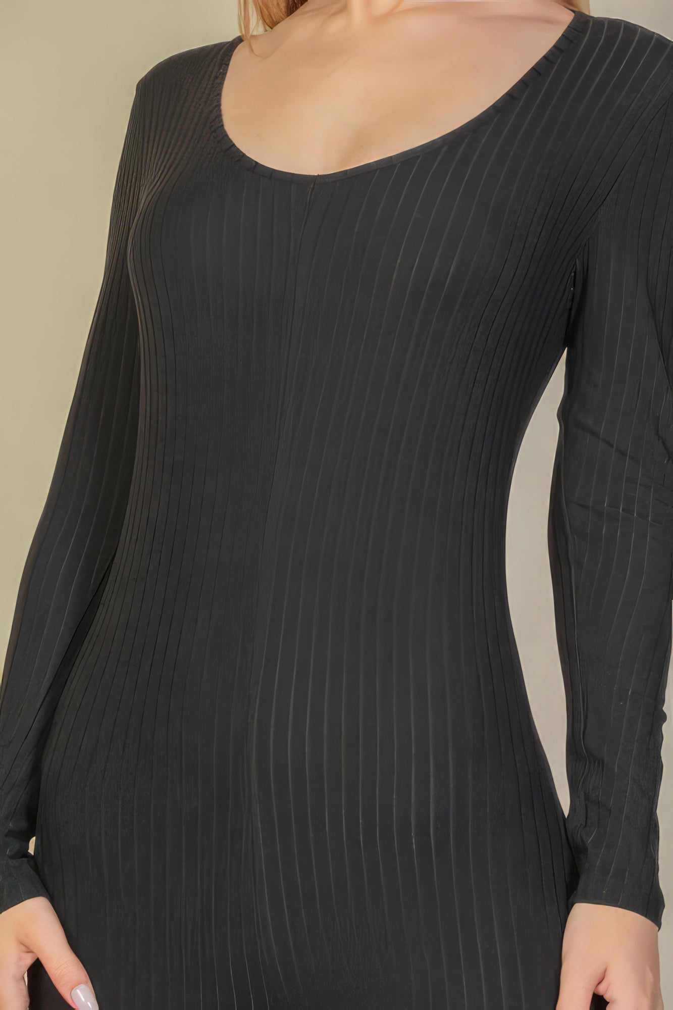 Ribbed Scoop Neck Long Sleeves Romper Leotard - Black