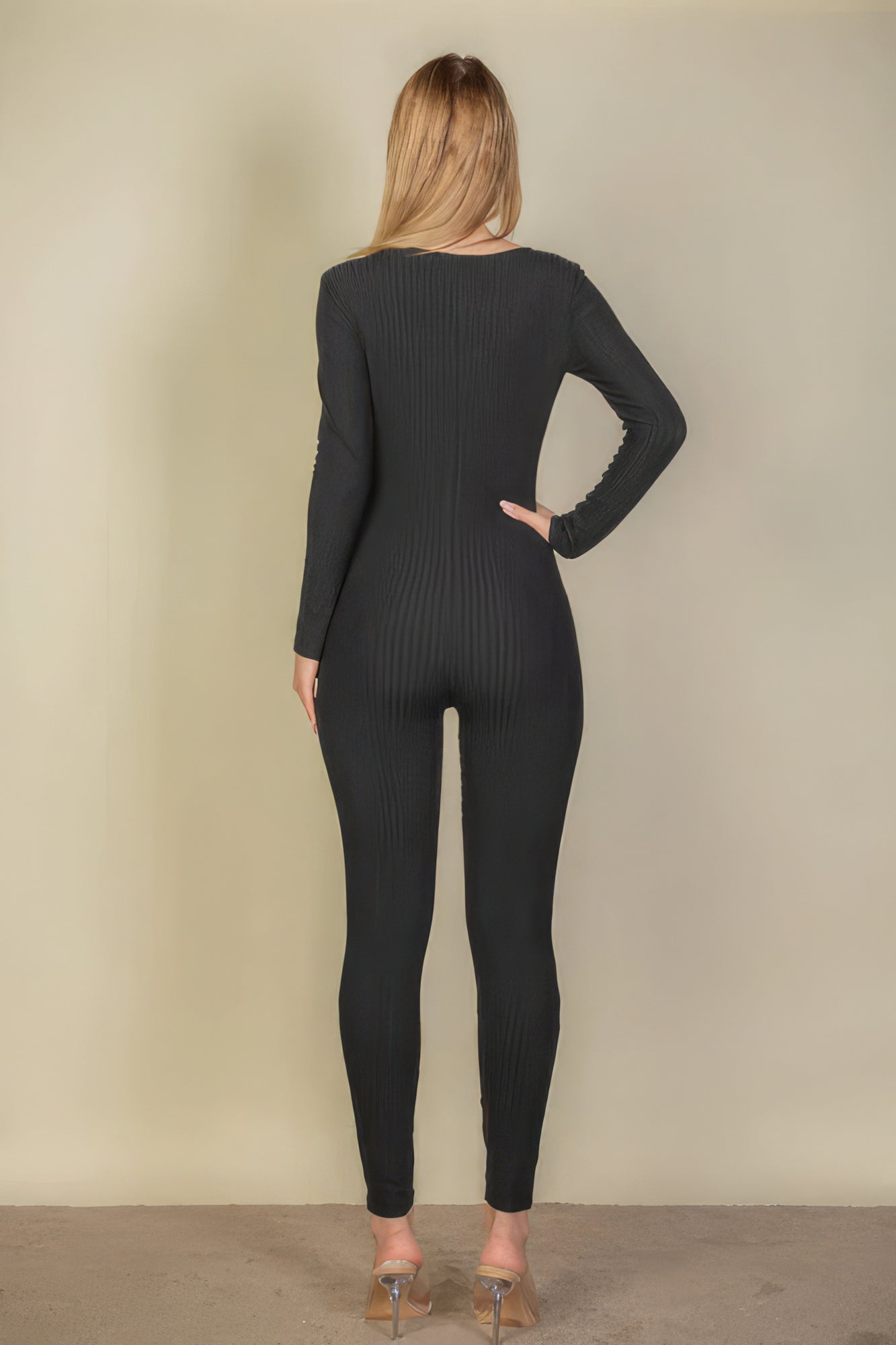 Ribbed Scoop Neck Long Sleeves Romper Leotard - Black