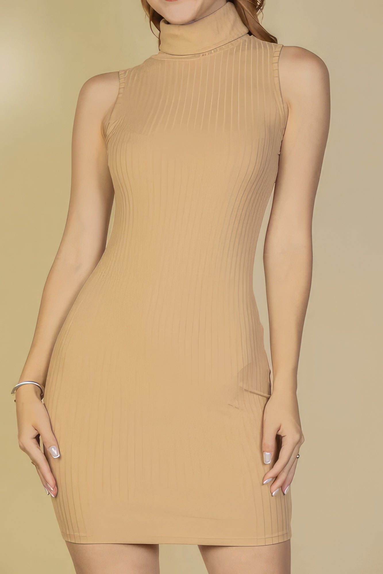 Ribbed Turtleneck Sleeveless Bodycon Mini Dress - Tan