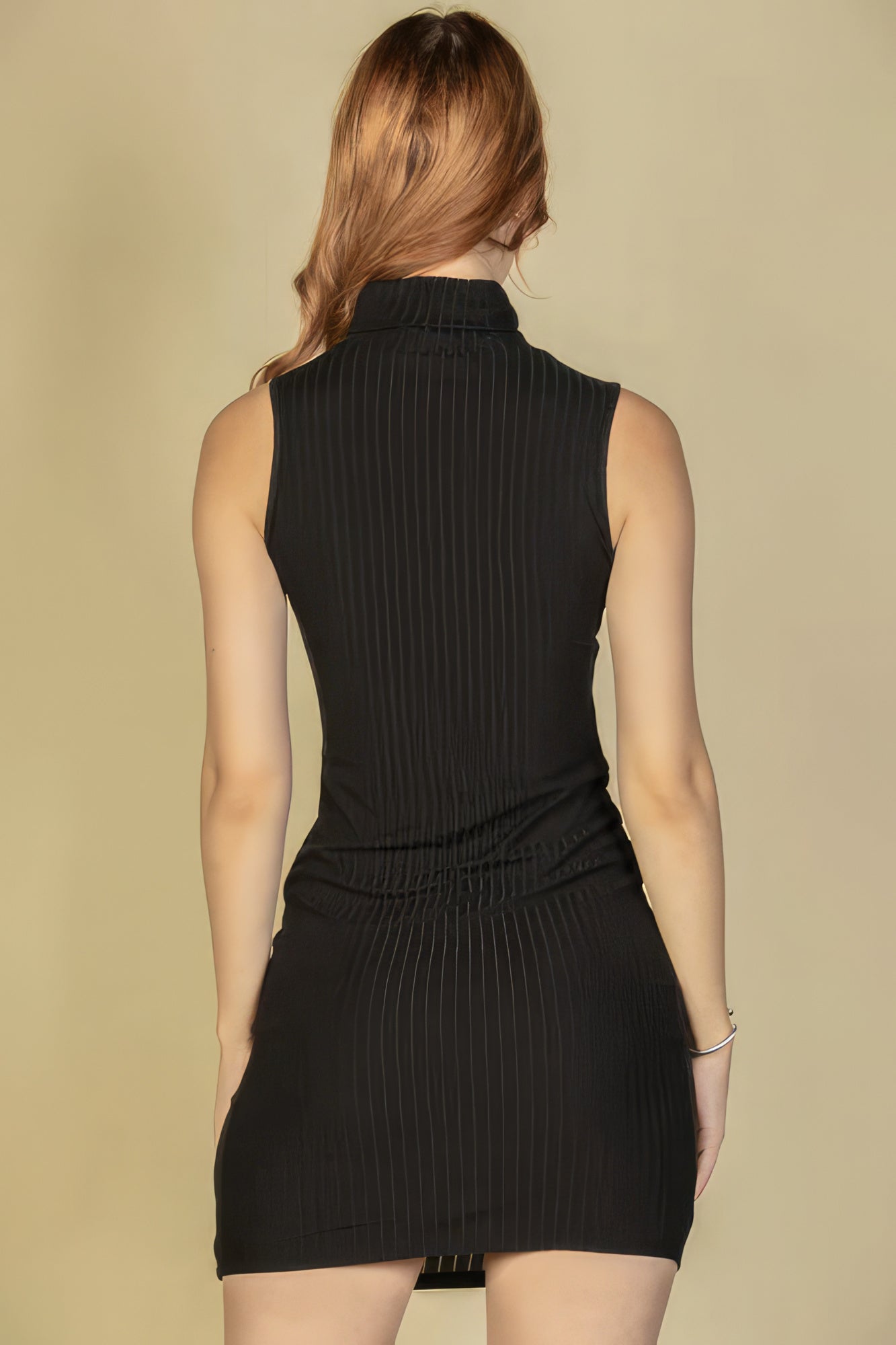 Ribbed Turtleneck Sleeveless Bodycon Mini Dress - Black