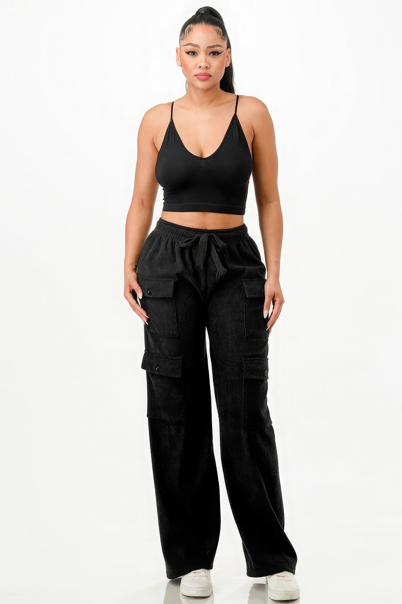 Solid Corduroy Cargo Pants - Black